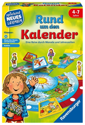 Rund um den Kalender - Eine Reise durch Monate und Jahreszeiten / 11 Puzzleteile "Jahreskreis" / 1 Sonnen-Drehscheibe / 4 Spielfiguren / 4 Aufstellfüße / 48 Bildkärtchen / 2 Schnappstäbe / 1 Spielanleitung. Ravensburger Spieleverlag, 2018.