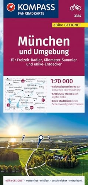 KOMPASS Fahrradkarte 3334 München und Umgebung 1:70.000 - reiß- und wetterfest mit Extra Stadtplänen. Kompass Karten GmbH, 2022.