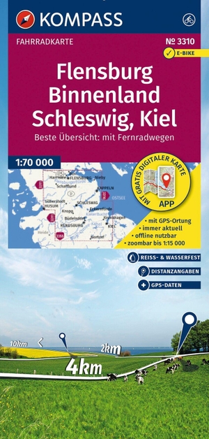 KOMPASS Fahrradkarte 3310 Flensburg Binnenland, Schleswig, Kiel 1:70.000 - reiß- und wetterfest. Kompass Karten GmbH, 2026.