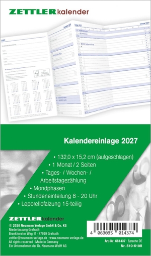 Neumann Verlage GmbH & Co KG (Hrsg.). Kalenderersatzeinlage TP 1M/2S Leporello 2027 - Ersatzkalendarium 9x15 cm für Taschenplaner Typ 510, 1 Monat auf 2 Seiten, 15-teilige Leporellofalzung. Neumann Verlage GmbH & Co, 2026.