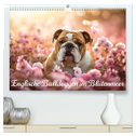 Englische Bulldoggen im Blütenmeer (hochwertiger Premium Wandkalender 2025 DIN A2 quer), Kunstdruck in Hochglanz