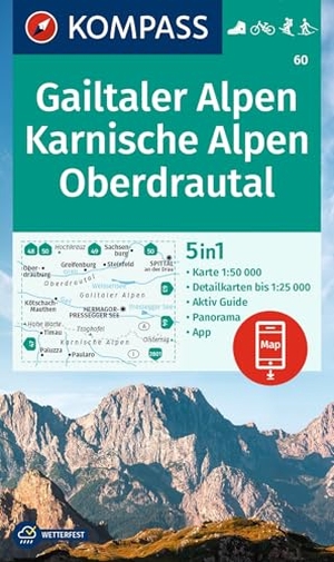 KOMPASS Wanderkarte 60 Gailtaler Alpen, Karnische Alpen, Oberdrautal 1:50.000 - 5in1 Wanderkarte, mit Panorama, Aktiv Guide und Detailkarten inklusive Karte zur offline Verwendung in der KOMPASS-App. Fahrradfahren. Skitouren. Langlaufen.. Kompass Karten GmbH, 2023.