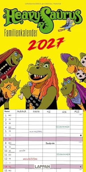 Vom Baur, Adrian. HeavySaurus Familienkalender 2027 - Großer Wandkalender im Hochformat mit Spiralbindung | Mit 5 Spalten zur Organisation des Alltags aller Familienmitglieder. Lappan Verlag, 2026.