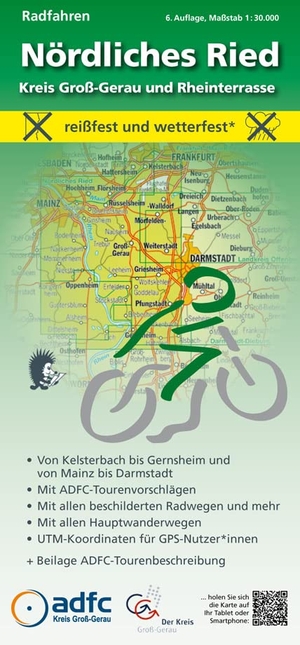 Messer, Michael. Radfahren - Nördliches Ried / Kreis Groß-Gerau und Rheinterrasse - Maßstab 1:30.000 - reißfest und wetterfest - Von Kelsterbach bis Gernsheim und von Mainz bis Darmstadt - Mit ADFC-Tourenvorschlägen - Mit allen beschilderten Radwegen und mehr - UTM-Koordinaten für GPS-Nutzer*innen - + Beilage ADFC-Tourenbeschreibung. MeKi Landkarten GmbH, 2021.