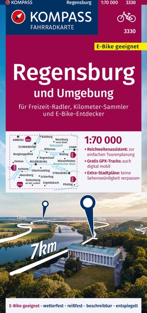 KOMPASS Fahrradkarte 3330 Regensburg und Umgebung 1:70.000 - reiß- und wetterfest mit Extra Stadtplänen. Kompass Karten GmbH, 2024.