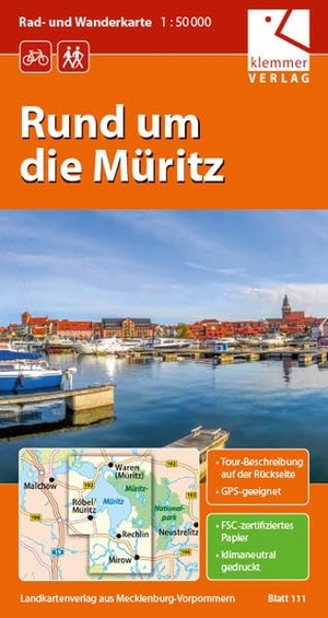 Klemmer, Klaus (Hrsg.). Rad- und Wanderkarte Rund um die Müritz 1 : 50 000 - GPS geeignet, Touren-Beschreibung  auf der Rückseite. Klemmer Verlag, 2024.