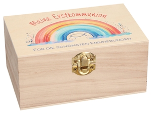 Holz-Erinnerungskiste zur Erstkommunion - Farbig bedruckte Holzbox mit Regenbogen, Fisch & Spruch. Kleine Holzkiste für Fotos, Andenken & Erinnerungen. Ideal als Geschenk. Butzon & Bercker, 2026.