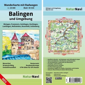 Balingen und Umgebung 1 : 25 000 - Wanderkarte mit Radwegen, Blatt 49-534, 1 : 25 000, Bisingen, Frommern, Geislingen, Hechingen, Lautlingen, Meßstetten, Rosenfeld, Schömberg. Natur Navi GmbH, 2020.
