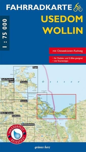 Fahrradkarte Usedom, Wollin - Mit Ostseeküsten-Radweg. Wasser- und reißfest.. Verlag grünes Herz, 2023.