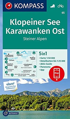 KOMPASS-Karten GmbH (Hrsg.). KOMPASS Wanderkarte 65 Klopeiner See, Karawanken Ost, Steiner Alpen 1:50.000 - 5in1 Wanderkarte mit Panorama, Aktiv Guide und Detailkarten inklusive Karte zur offline Verwendung in der KOMPASS-App. Fahrradfahren.. Kompass Karten GmbH, 2020.