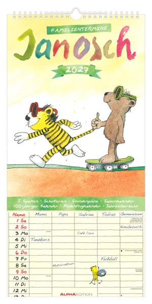 Neumann Verlage GmbH & Co KG (Hrsg.). Janosch Familienplaner 2027 - Familienkalender 22x45 cm mit 5 Spalten, liebevollen Illustrationen, Schulferien, Stundenplänen & deutschem Kalendarium, ideal für Familien mit Kindern. Neumann Verlage GmbH & Co, 2026.
