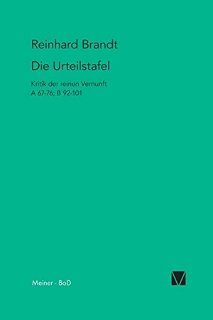 Brandt, Reinhard. Die Urteilstafel - Kritik der reinen Vernunft A 67-76;B 92-101. Felix Meiner Verlag, 1991.