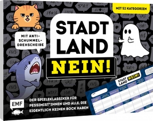 Stadt, Land, NEIN! - Der Spieleklassiker für Pessimist*innen und alle, die eigentlich keinen Bock haben - Der ultimative Stadt, Land, Fluss-Spieleblock mit 52 Kategorien und Anti-Schummel-Drehscheibe. Edition Michael Fischer, 2026.