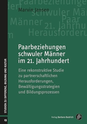Jansen, Marvin. Paarbeziehungen schwuler Männer im 21. Jahrhundert - Eine rekonstruktive Studie zu partnerschaftlichen Herausforderungen, Bewältigungsstrategien und Bildungsprozessen. Budrich, 2024.