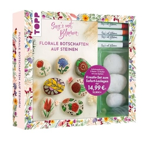 Blum, Ludmila. Kreativ-Set: Sag's mit Blumen - Florale Botschaften auf Steinen. Mit Anleitungsbuch und Material - Box, Buch (32 S., DIN A5, Softcover), 3 Steine, 4 Marker mit 2 Spitzen in Rot, Orange, Grün, Schwarz. frechverlag GmbH, 2024.