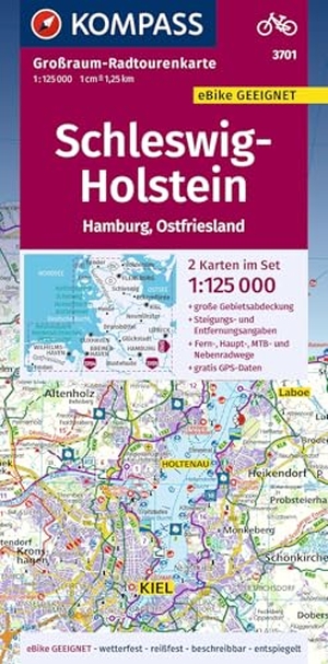 KOMPASS Großraum-Radtourenkarte 3701 Schleswig-Holstein, Hamburg, Ostfriesland 1:125.000 - 2 Karten im Set, reiß- und wetterfest, GPS-Daten zum Download. Kompass Karten GmbH, 2025.