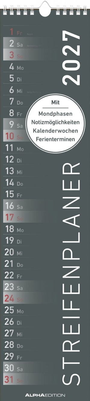 Neumann Verlage GmbH & Co KG (Hrsg.). Streifenplaner SCHWARZ 2027 - schmaler Wandkalender 11,3x49,5 cm mit farblich markierten Wochenenden, Feiertagen & Mondphasen, ideal für Haushalt, Familie & Büro. Neumann Verlage GmbH & Co, 2026.