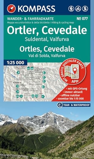 KOMPASS Wanderkarte 077 Ortler, Cevedale, Suldental, Valfurva / Ortles, Cevedale, Val di Solda, Valfura 1:25.000 - Wander- und Fahrradkarte in einem - inklusive Offline-Verwendung in der KOMPASS-App. Wander-& Radwege. Skitouren.. Kompass Karten GmbH, 2026.