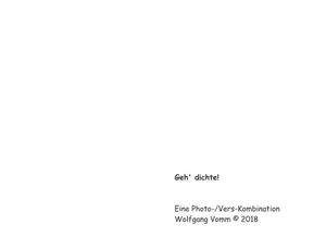 Vomm, Wolfgang (Hrsg.). Geh' dichte! - Eine Photo-/Vers-Kombination. Books on Demand, 2018.