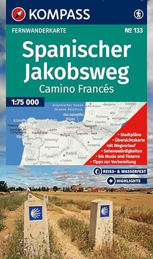 KOMPASS Wanderkarte 133 Spanischer Jakobsweg, Camino Francés 1:100.000 - Fernwanderweg: von den Pyrenäen nach Santiago de Compostela und Cabo Fisterra. Kompass Karten GmbH, 2025.