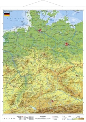 Deutschland, physisch 1 : 1 100 000. Wandkarte Kleinformat mit Metallstäben. Stiefel Eurocart GmbH, 2014.