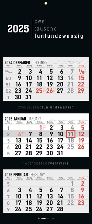 Alpha Edition (Hrsg.). 3-Monatskalender Black 2025 - Büro-Kalender 33x20 cm (geschlossen), 33x80 cm (geöffnet) - faltbar - mit Datumsschieber - Alpha Edition. Neumann Verlage GmbH & Co, 2024.