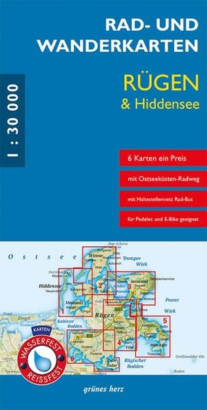 Rad- und Wanderkarten-Set Rügen & Hiddensee - 6 Karten. Maßstab 1:30.000. Wasser- und reißfeste Karten.. Verlag grünes Herz, 2026.