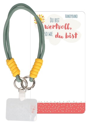 Handykette 36,5 cm - stilvolles salbeigrün-gelbes Handyband - Kurzer Handyanhänger mit Universalhalterung, Handyschlaufe fürs Handgelenk, Lieferung auf Backcard. Butzon & Bercker, 2026.