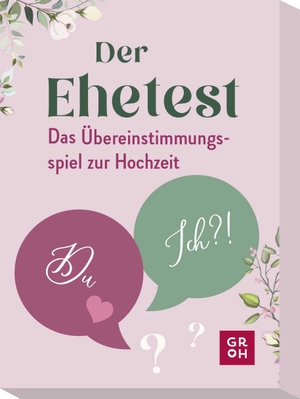Groh Verlag (Hrsg.). Der Ehetest - Das Übereinstimmungsspiel zur Hochzeit | Spiel für Paare mit 100 aufschlussreichen Fragen, Geschenk zum Valentins- oder Hochzeitstag oder für den Spieleabend. Groh Verlag, 2023.