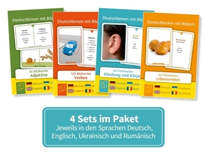 4er Paket: Deutschlernen mit Bildern - Deutsch, Englisch, Ukrainisch & Rumänisch - 300 Bildkarten bestehend aus den Sets "Adjektive", "Kleidung und Körper", "Lebensmittel" und "Verben". Verlag an der Ruhr GmbH, 2026.