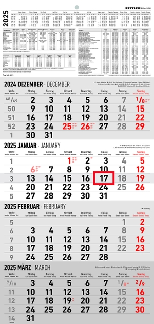 Zettler Kalender (Hrsg.). 4-Monatskalender 2025 - Büro-Kalender 30x49 cm (geöffnet) - mit Datumsschieber - Zettler - 960-0011. Neumann Verlage GmbH & Co, 2024.