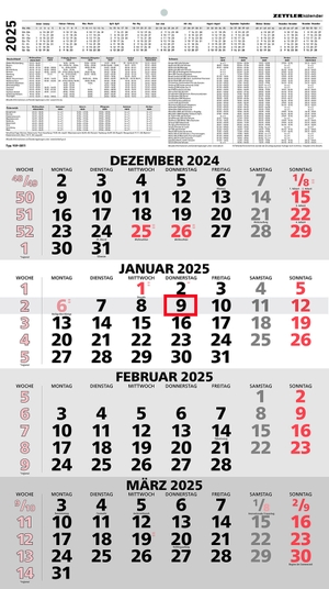 Zettler Kalender (Hrsg.). 4-Monatskalender rot 2025 - 33x45 - mit Kopftafel - Datumsschieber-       959-0011-1. Neumann Verlage GmbH & Co, 2024.