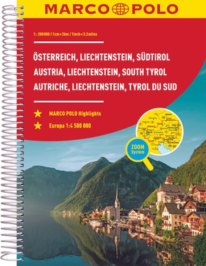 MARCO POLO Reiseatlas Österreich, Liechtenstein, Südtirol 1:200.000 - mit Europa 1:4,5 Mio.. Mairdumont, 2023.