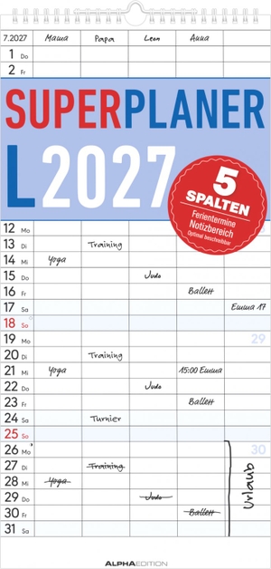 Neumann Verlage GmbH & Co KG (Hrsg.). Superplaner L - 5 Spalten 2027 - Familienkalender 22x45 cm mit 5 Spalten, Schulferien, Feiertagen & Notizfeld, ideal für Familienorganisation. Neumann Verlage GmbH & Co, 2026.