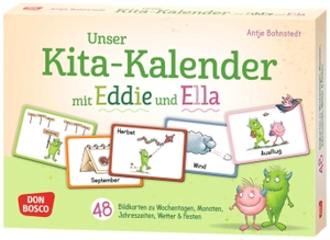 Don Bosco Medien, Redaktionsteam (Hrsg.). Unser Kita-Kalender mit Eddie und Ella - 48 Bildkarten zu Wochentagen, Monaten, Jahreszeiten, Wetter & Feste. Kita-Helfer mit Symbolbildern für den Morgenkreis zur Partizipation in der Kita. Don Bosco Medien GmbH, 2026.