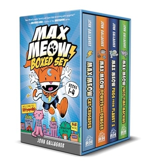 Gallagher, John. Max Meow Boxed Set: Welcome to Kittyopolis (Books 1-4) - Max Meow 1: Cat Crusader; Max Meow 2: Donuts and Danger; Max Meow 3: Pugs from Planet X; Max Meow 4: Taco Time Machine (a Graphic Novel Boxed Set). Random House Children's Books, 2023.