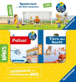 Verkaufs-Kassette "Ravensburger Minis 19 - Wieso? Weshalb? Warum?" - Fußball/Polargebiete/Polizei/Tiere der Nacht. Ravensburger Verlag, 2023.
