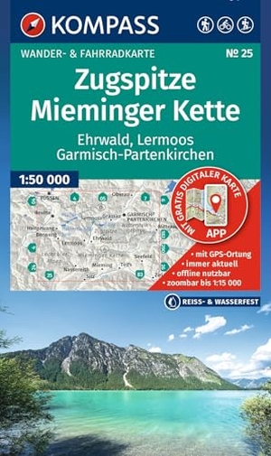 KOMPASS Wanderkarte 25 Zugspitze, Mieminger Kette, Ehrwald, Lermoos, Garmisch-Partenkirchen, Reutte 1:50.000 - Wander- und Fahrradkarte in einem - inklusive Offline-Verwendung in der KOMPASS-App. Wander-& Radwege. Skitouren.. Kompass Karten GmbH, 2026.