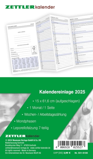 Zettler Kalender (Hrsg.). Kalender-Ersatzeinlage 2025 - für den Taschenplaner Leporello Typ 501 - 8,8 x 15,2 cm - 1 Monat auf 1 Seite - separates Adressheft - 501-6198. Neumann Verlage GmbH & Co, 2024.