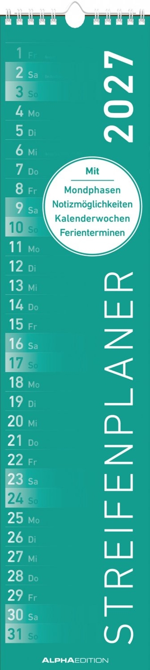 Neumann Verlage GmbH & Co KG (Hrsg.). Streifenplaner MINT 2027 - schmaler Wandkalender 11,3x49,5 cm mit farblich markierten Wochenenden, Feiertagen & Mondphasen, ideal für Haushalt, Familie & Büro. Neumann Verlage GmbH & Co, 2026.
