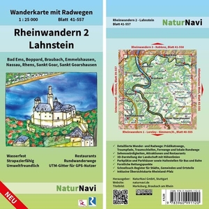 Rheinwandern 2 - Lahnstein 1:25 000 - Wanderkarte mit Radwegen, Blatt 41-557, 1 : 25 000, Bad Ems, Boppard, Braubach, Emmelshausen, Nassau, Rhens, Sankt Goar, Sankt Goarshausen. Natur Navi GmbH, 2021.