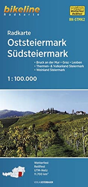 Esterbauer Verlag (Hrsg.). Radkarte Oststeiermark, Südsteiermark 1:100.000 - Bruck an der Mur - Graz - Leoben - Thermen- & Vulkanland Steiermark - Weinland Steiermark, 1:100.000, wetterfest/reißfest, GPS-tauglich mit UTM-Netz. Esterbauer GmbH, 2021.