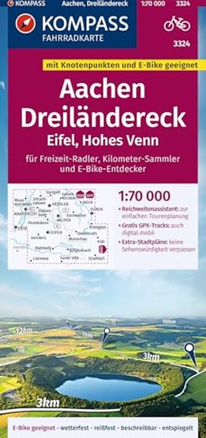 KOMPASS Fahrradkarte 3324 Aachen, Dreiländereck, Eifel, Hohes Venn mit Knotenpunkten 1:70.000 - reiß- und wetterfest mit Extra Stadtplänen. Kompass Karten GmbH, 2024.
