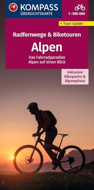 KOMPASS Radfernwegekarte Radfernwege & Biketouren Alpen - Übersichtskarte 1:500.000 - inklusive Bikeparks und Alpenpässe. Kompass Karten GmbH, 2024.