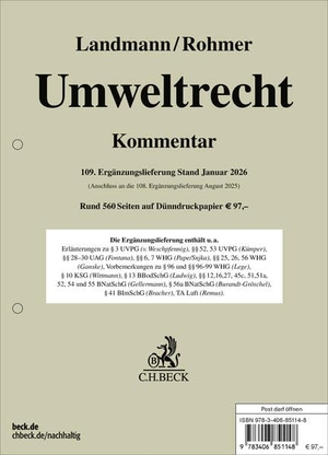 Umweltrecht  109. Ergänzungslieferung - Rechtsstand: Januar 2026. C.H. Beck, 2026.