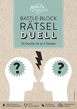 Battle-Block Rätsel-Duell | Spieleblock mit 25 Duellen für je 2 Spieler - Nachhaltige Rätsel und Spiele für 2 Personen auf Recyclingpapier. Naumann & Göbel Verlagsg., 2023.