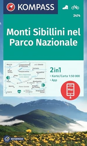 KOMPASS Wanderkarte 2474 Monti Sibillini nel Parco Nazionale 1:50.000 - markierte Wanderwege, Hütten, Radrouten. Kompass Karten GmbH, 2023.