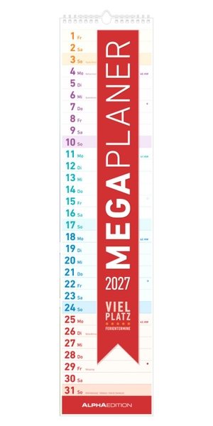 Neumann Verlage GmbH & Co KG (Hrsg.). Megaplaner 2027 - Streifenkalender 14,5x64 cm mit Ferienterminen (DE/AT/CH), Feiertagen & Mondphasen, ideal für Haushalt, Büro & Organisation. Neumann Verlage GmbH & Co, 2026.