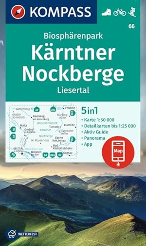 KOMPASS Wanderkarte 66 Biosphärenpark Kärntner Nockberge, Liesertal 1:50.000 - 5in1 Wanderkarte mit Panorama, Aktiv Guide und Detailkarten inklusive Karte zur offline Verwendung in der KOMPASS-App. Fahrradfahren. Skitouren.. Kompass Karten GmbH, 2023.