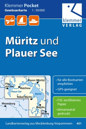 Klemmer Pocket Gewässerkarte Müritz und Plauer See 1:50.000 - GPS-geeignet, Erlebnis-Tipps auf der Rückseite. Klemmer Verlag, 2020.